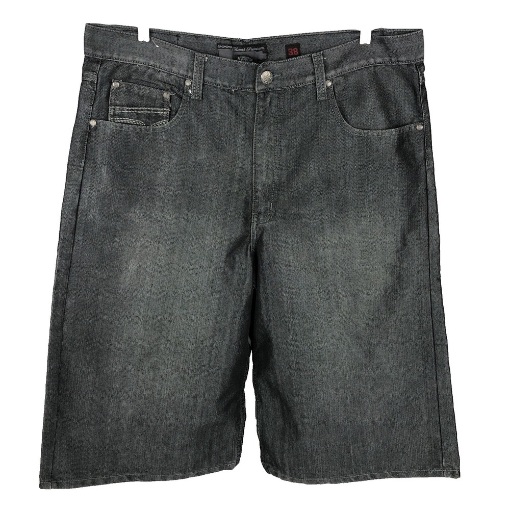 Vintage Baggy Jean Shorts Mens 38 Embroidered Rear Pockets, White Stitching.